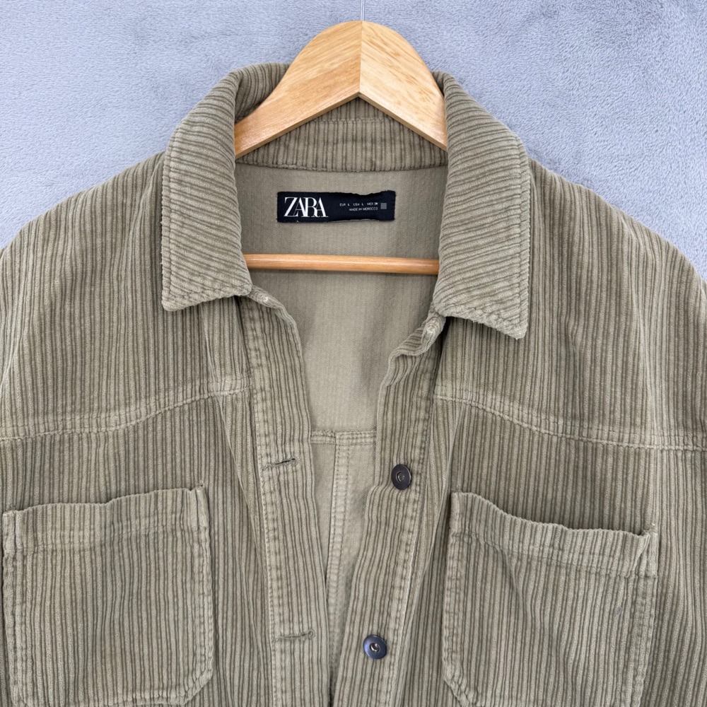 Zara Corduroy Shirt Jacket Olive Green Raw‎ Hem Shacket 100%Cotton Womens Size L - Picture 3 of 12